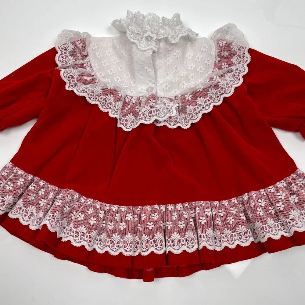 Vintage Toddler 18M Red Velvet and Lace Trim Christmas Dress w/ Bubble Sleeves
